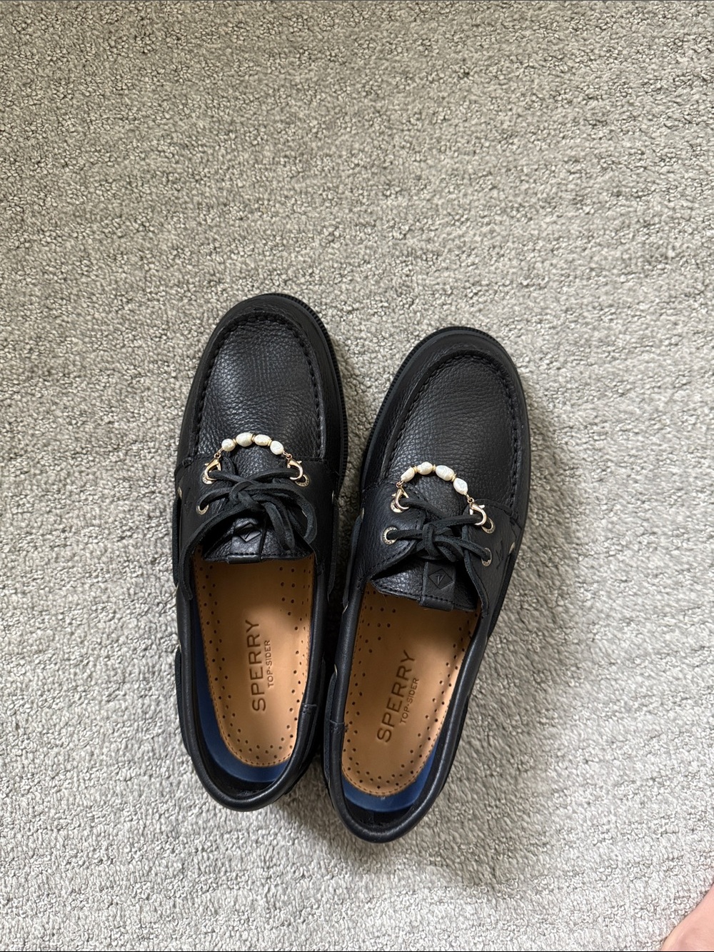 Sperry Black Leather Boat Shoes with Pearl Chain Accent